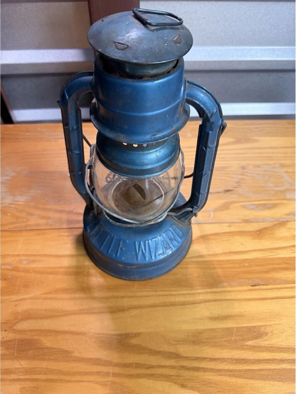Vintage Blue Kerosene Oil Lantern Little Wizard Embossed Glass Rustic Farmhouse